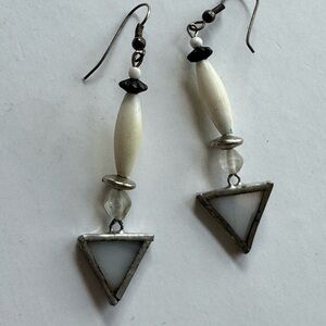 Silver and Cream Triangle Dangle Earrings